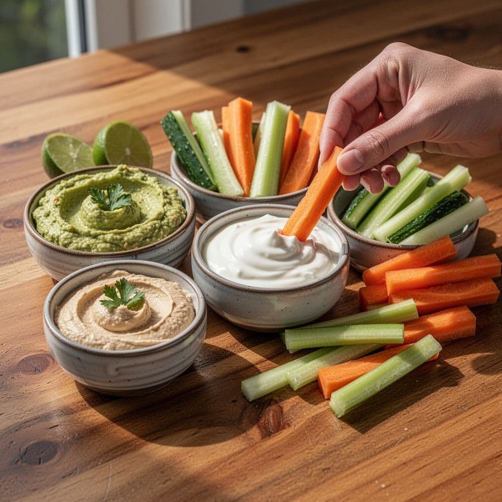 A person reaches for a fresh carrot stick to dip into an assortment of healthy spreads on a wooden table.