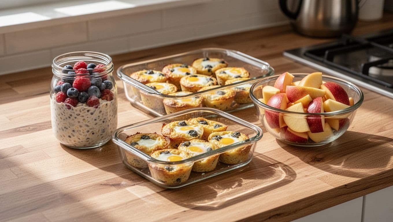 A wooden counter displays prepared breakfast foods in glass jars and containers.