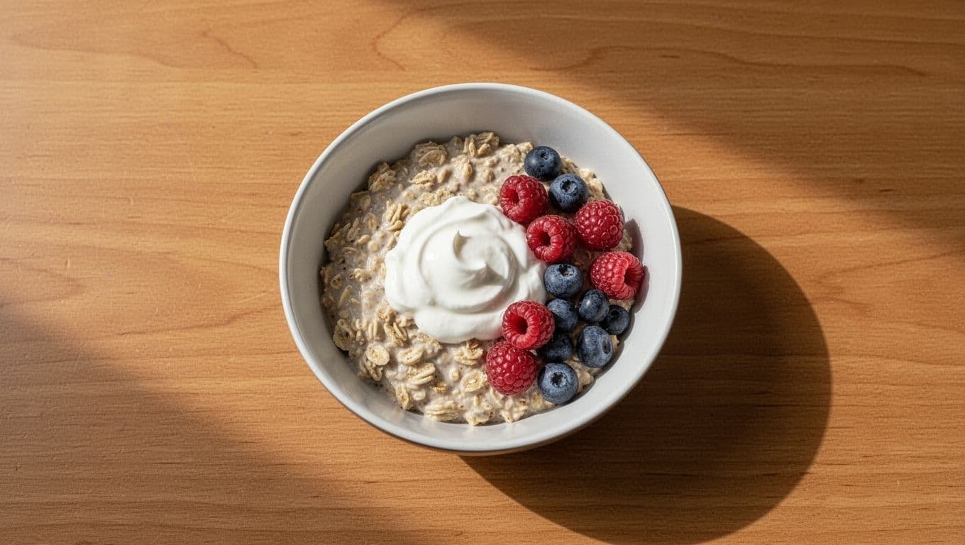 A top-down view of an oatmeal bowl with yogurt and berries on a wood table.