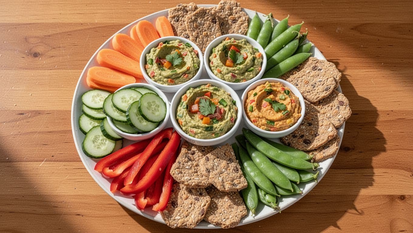 A wooden board features fresh vegetables and crackers arranged neatly around several small bowls of dip.
