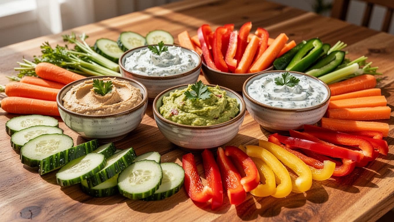 A rustic table featuring bowls of hummus and guacamole surrounded by sliced fresh vegetables.
