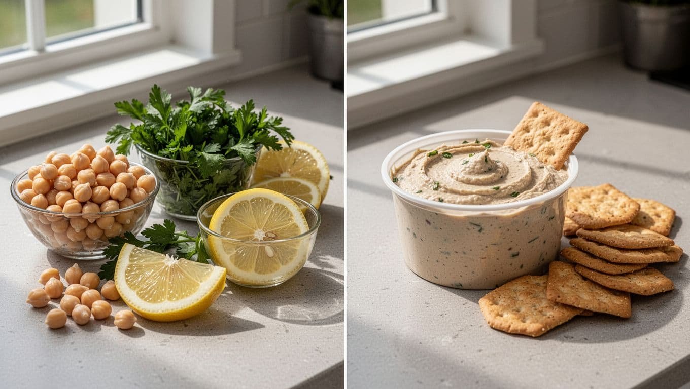 A divided counter showing fresh raw ingredients next to processed dip and crackers.