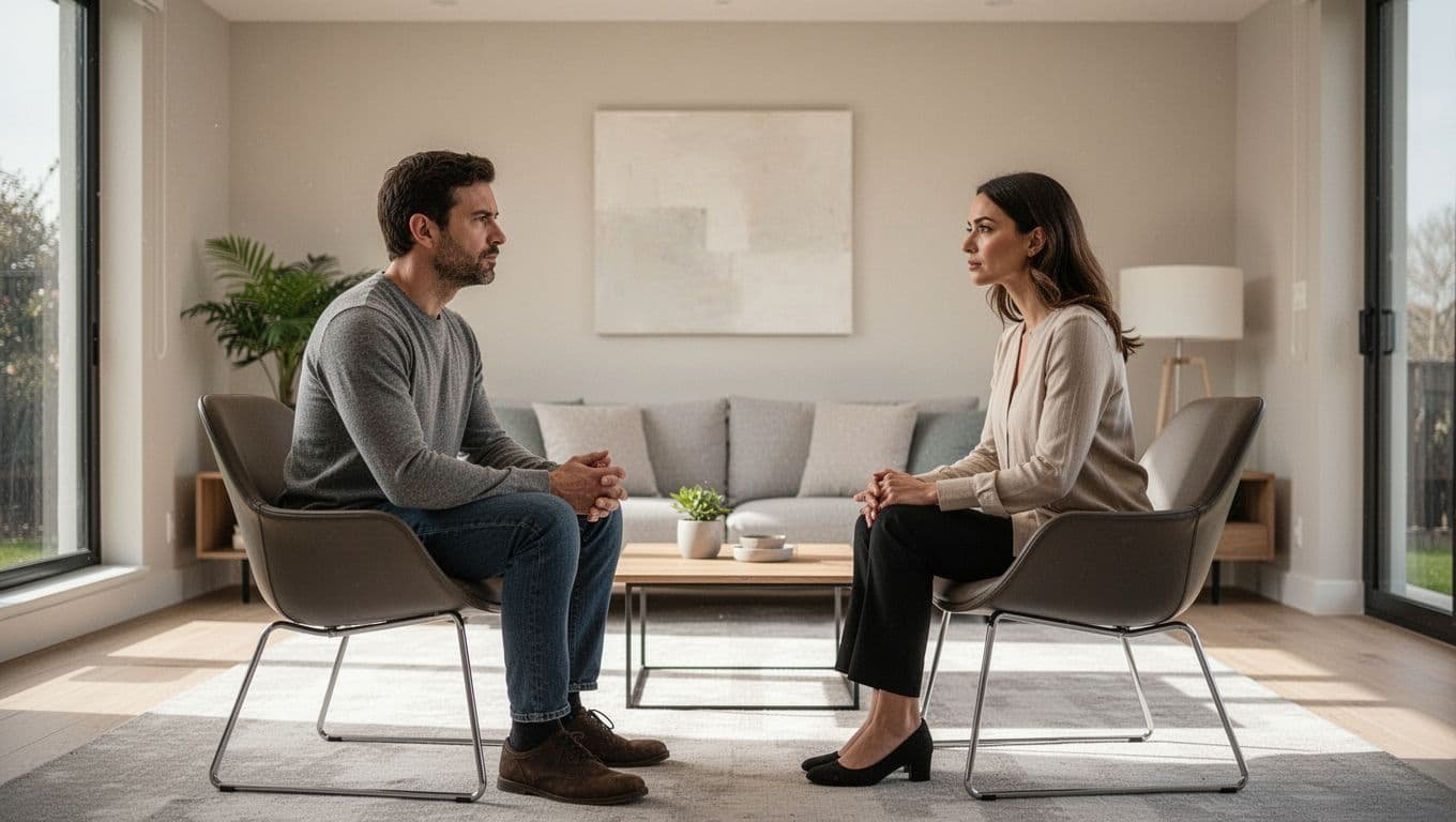 A man and woman sitting in chairs having a calm and serious conversation in a bright living room.