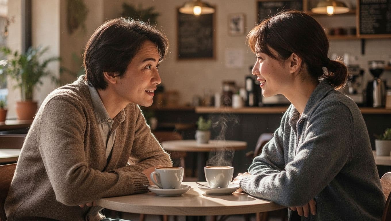 Two people talking closely at a small table inside a cozy cafe.