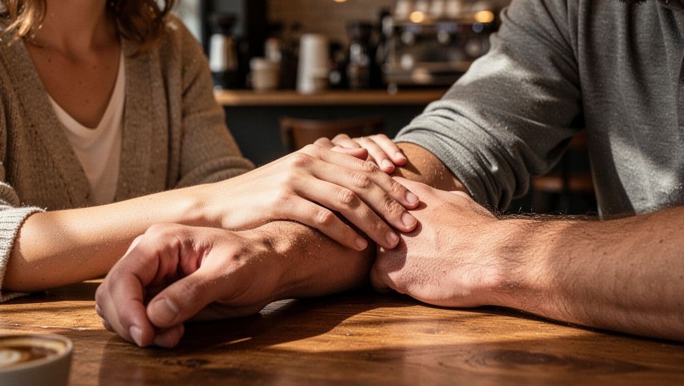 A woman rests her hand on a man's forearm in a warm coffee shop.