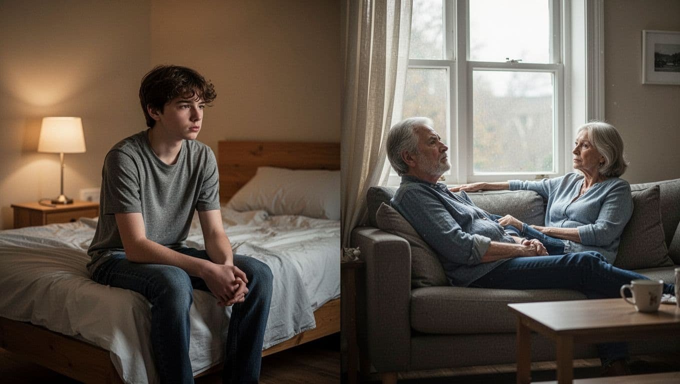 A split composition showing three lonely people of different ages in quiet home settings.