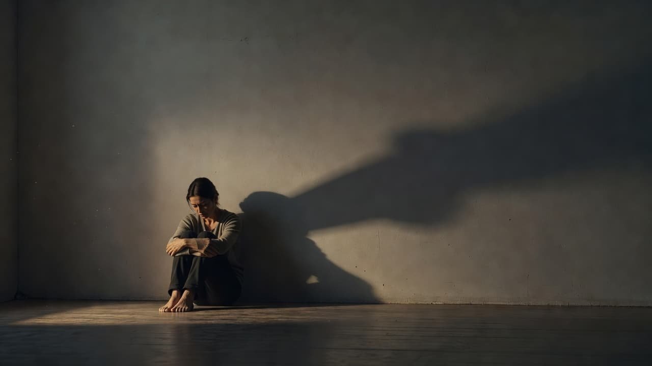 A solitary figure sits slumped against a stark wall in a dim room, their long silhouette stretching across the floor. Soft light emphasizes the heavy atmosphere of profound personal isolation.