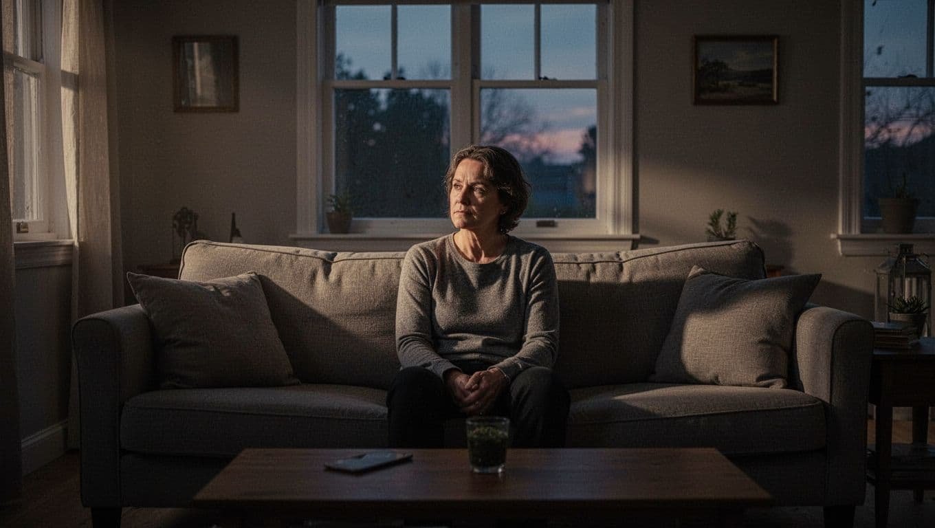 A solitary person sits on a sofa in a dim, quiet room during twilight.