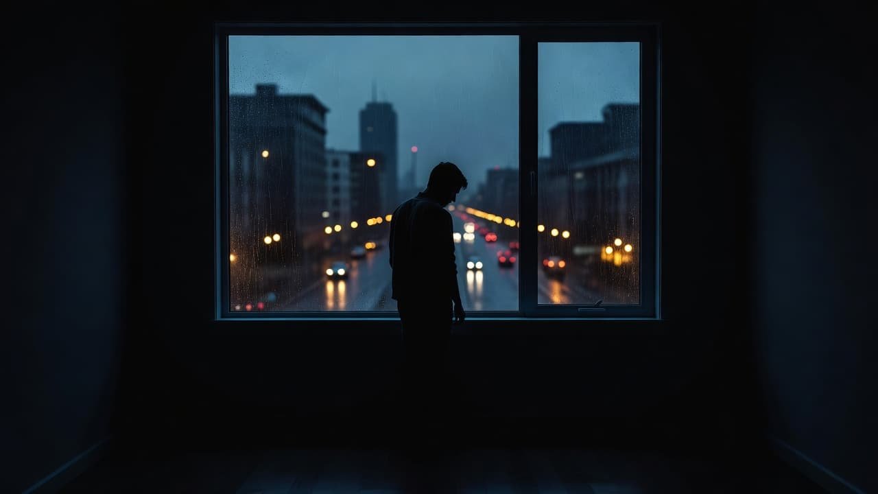 A dark figure stands against a frosted glass pane, observing the blurry golden streetlights of a rain-streaked cityscape. Deep indigo shadows envelope the quiet room, highlighting a mood of heavy introspection.