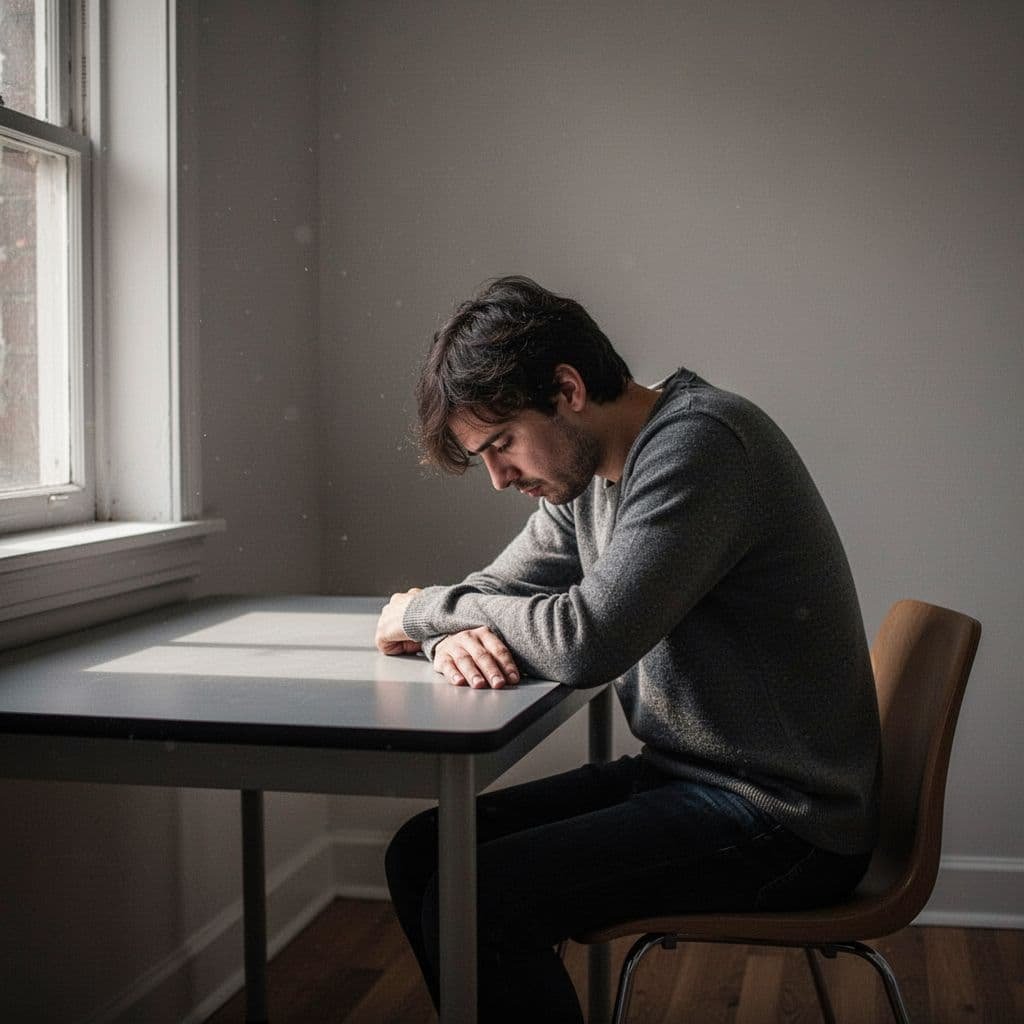 An exhausted person sitting alone at a desk, looking stressed and overwhelmed in a quiet room.