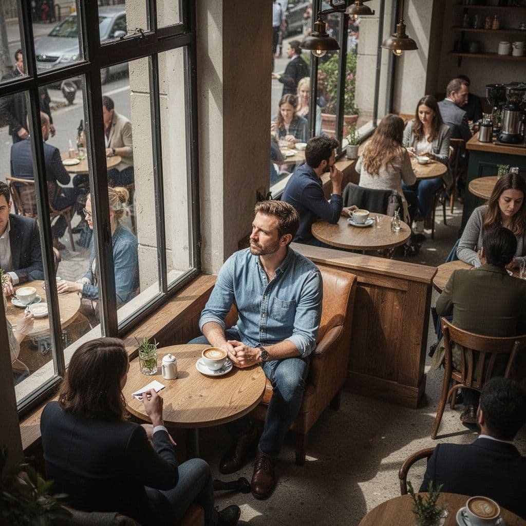 A man sits alone at a cafe table while watching the people around him.