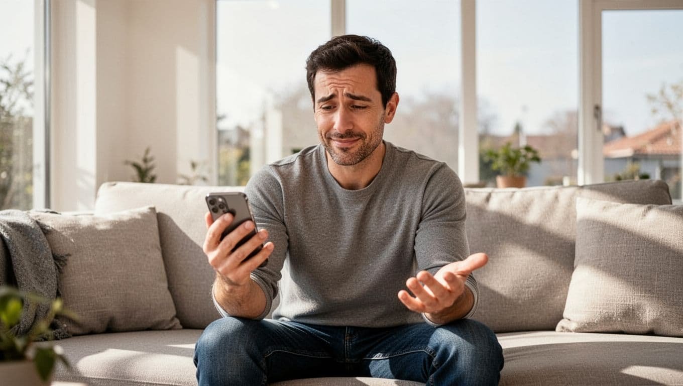 A man sits on a sunlit living room sofa while checking his phone with a look of hope.