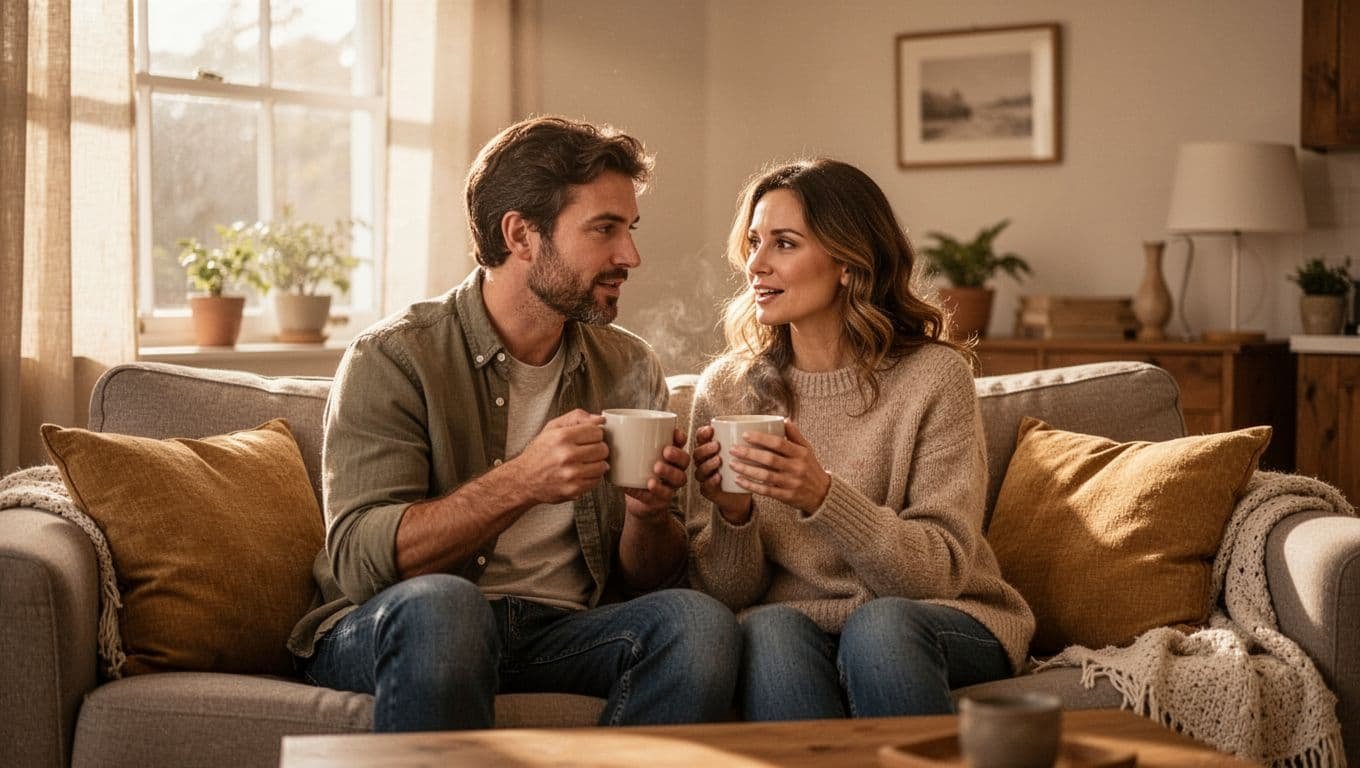 A husband and wife sit together on a comfortable couch in a sunlit living room. They hold warm mugs while gazing at each other with soft smiles during their morning coffee.