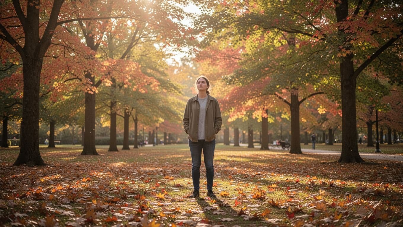 A calm person stands alone in a park surrounded by colorful autumn leaves.