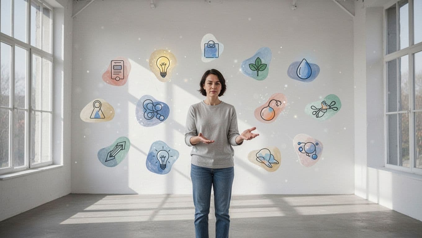 A person standing in a bright room with floating shapes representing habits.