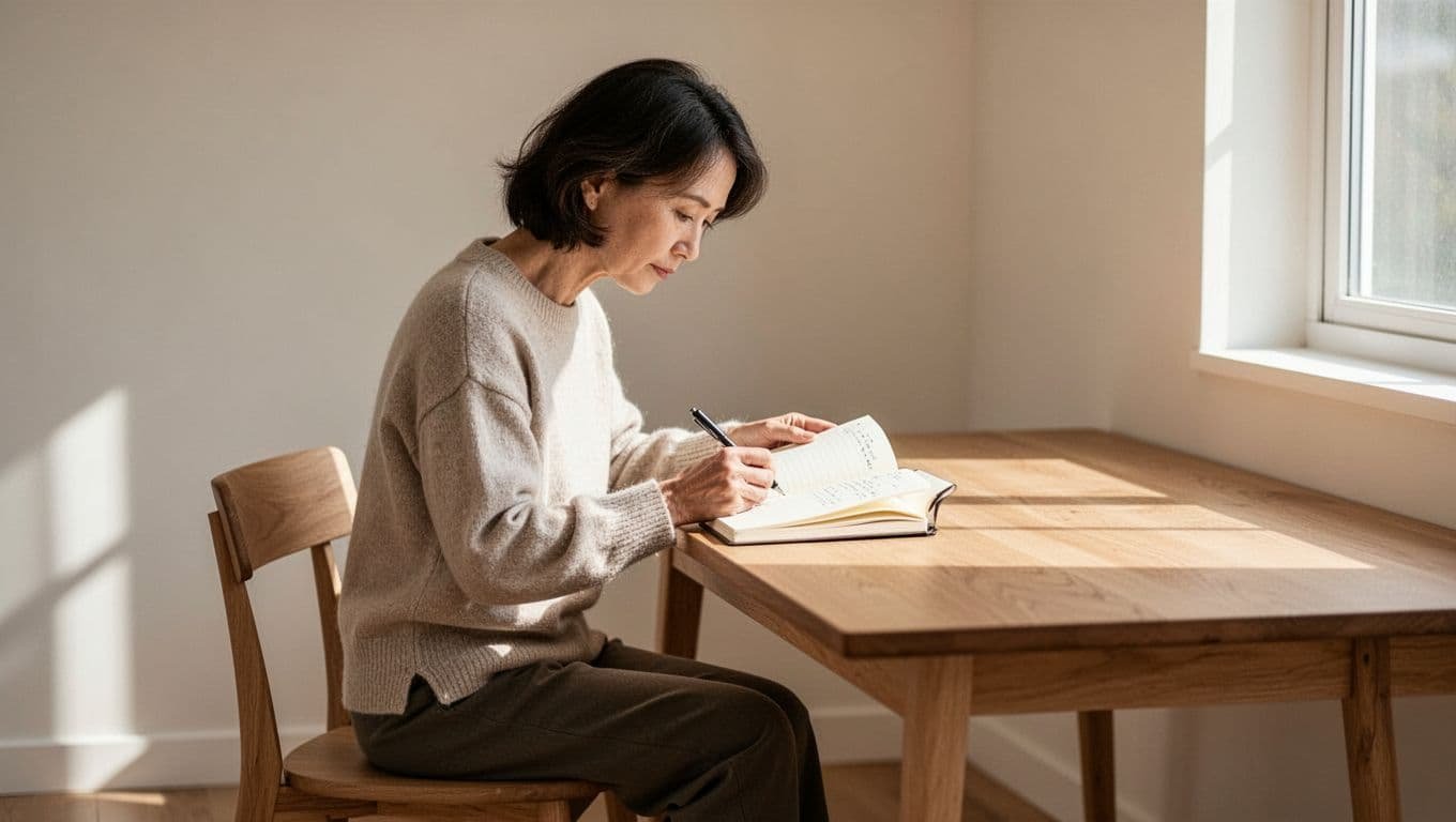 A person writing in a notebook at a sunlit desk in a quiet room.