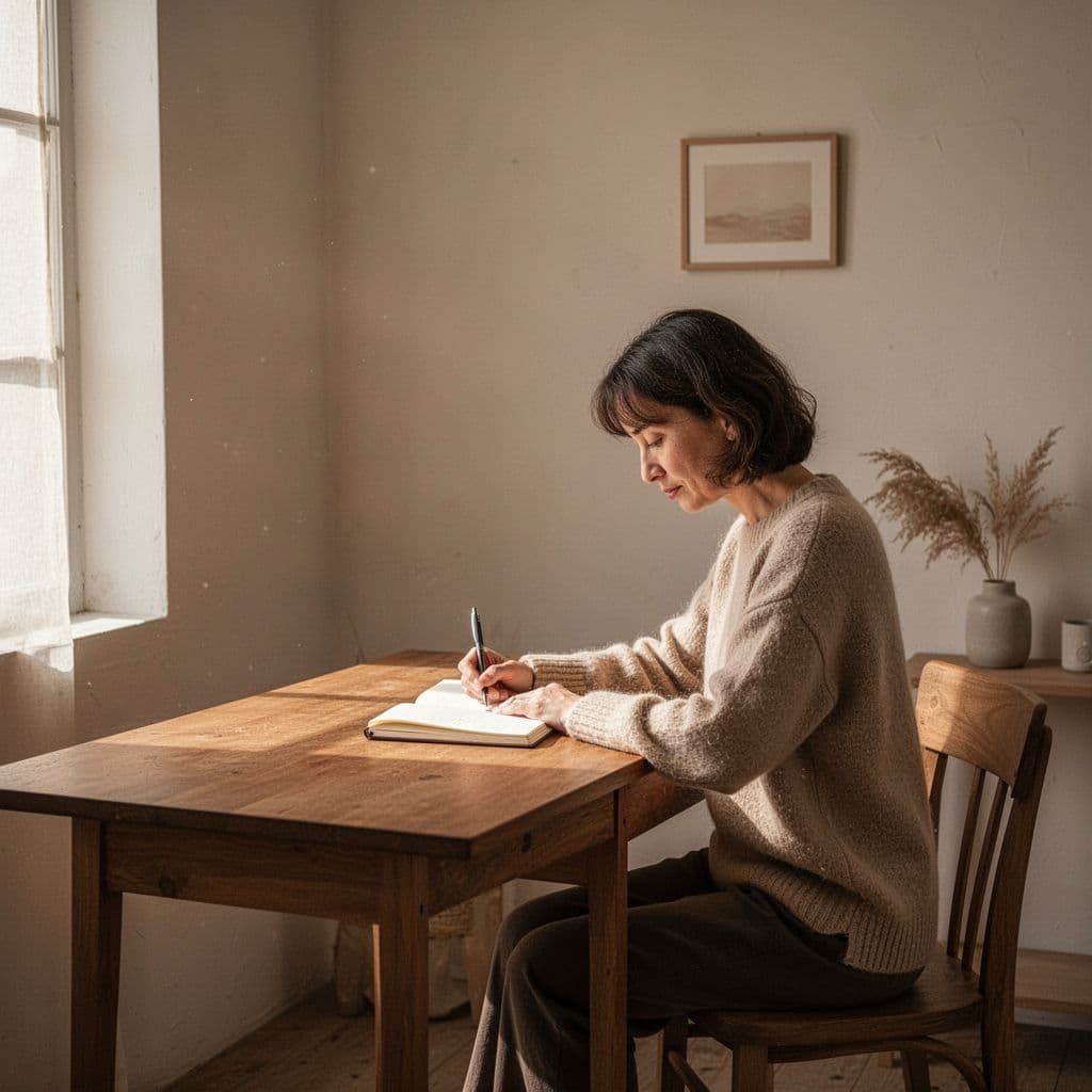 A person sits at a desk writing in a journal during a quiet moment of reflection.