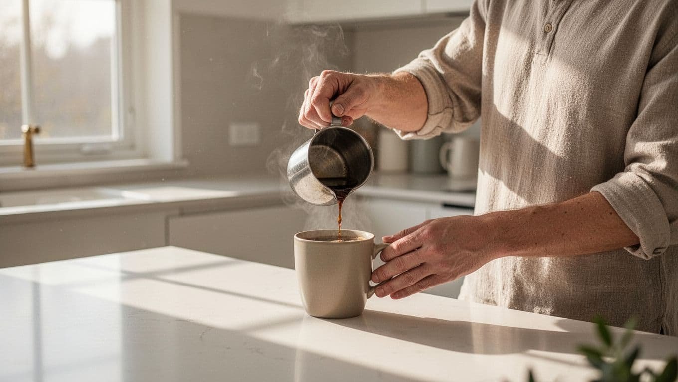 A calm person pours coffee in a sunlit minimalist home.