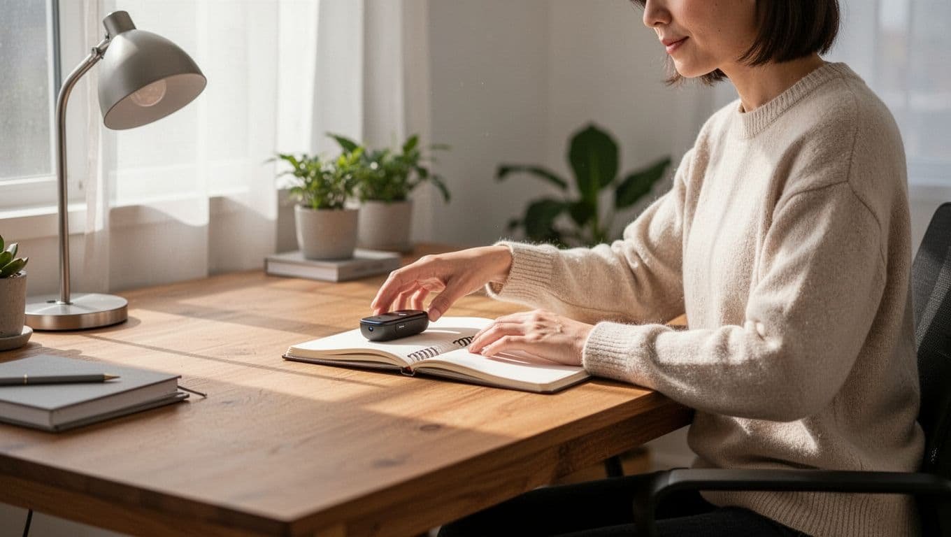 A person choosing to pick up a notebook instead of a smartphone at a bright desk.