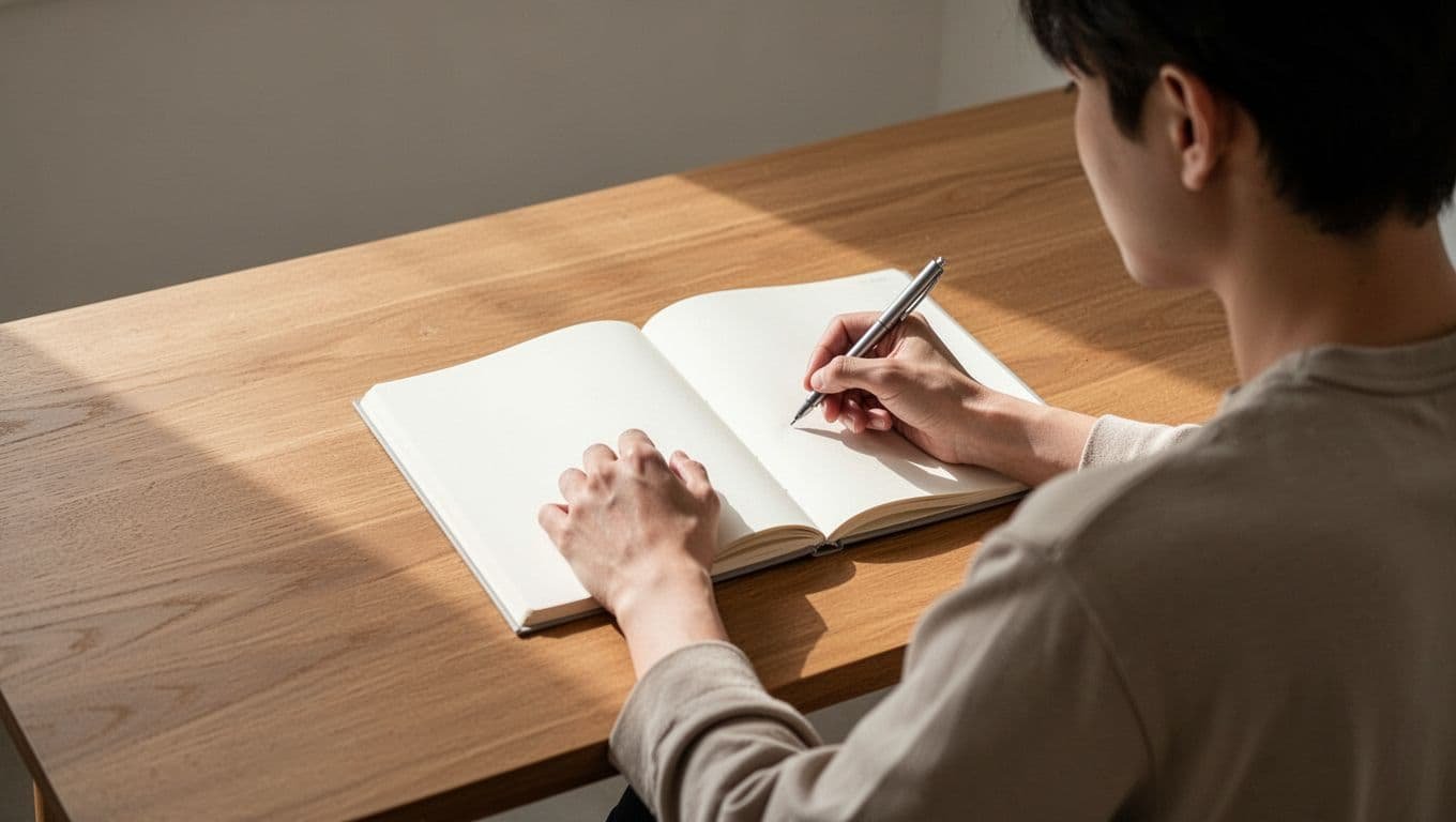 A person writes with a pen in an open notebook on a clean wooden table. Sunlight filters through a nearby window, illuminating the paper and highlighting the calm, organized desk space.