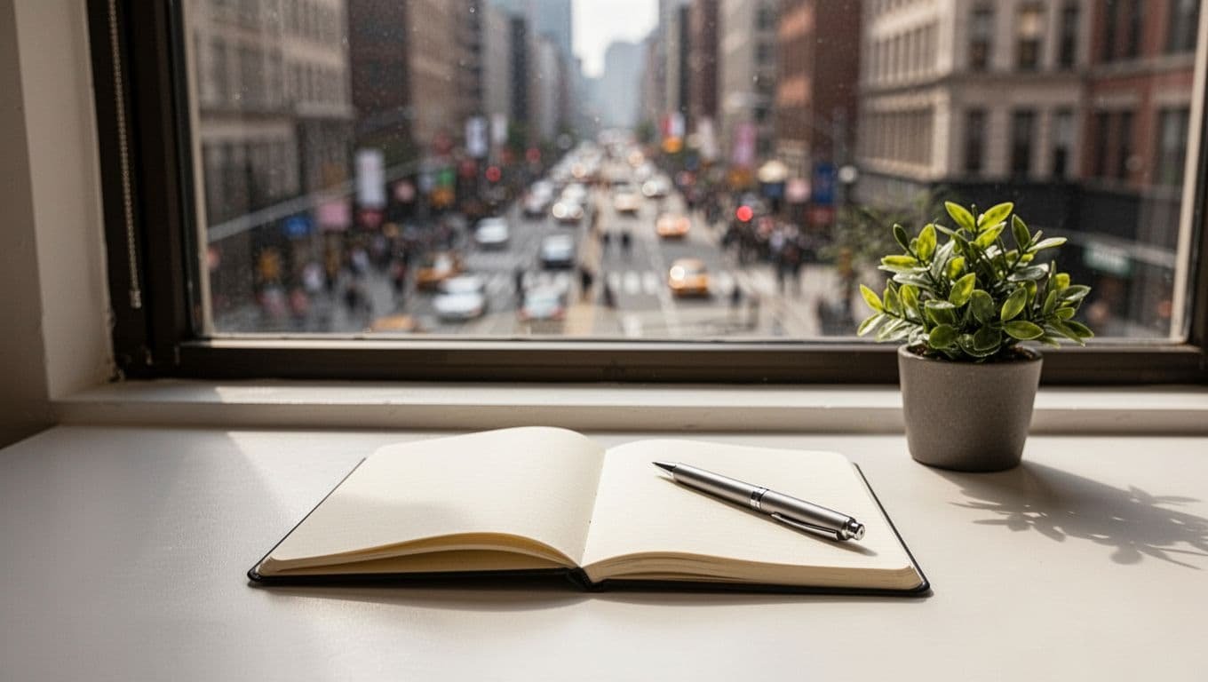 A clean desk featuring a journal and plant with a blurred city street outside.