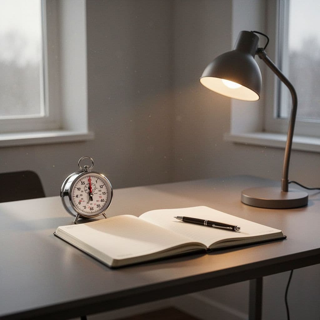 A desk with a mechanical timer and open notebook illuminated by a warm lamp.