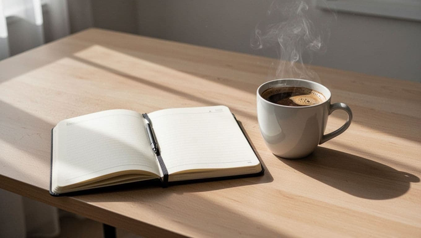 An open notebook and a coffee cup sit on a sunlit desk during the morning.