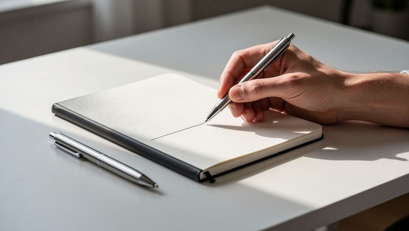 A pen rests on a notebook showing a single checked box on a sunlit desk.