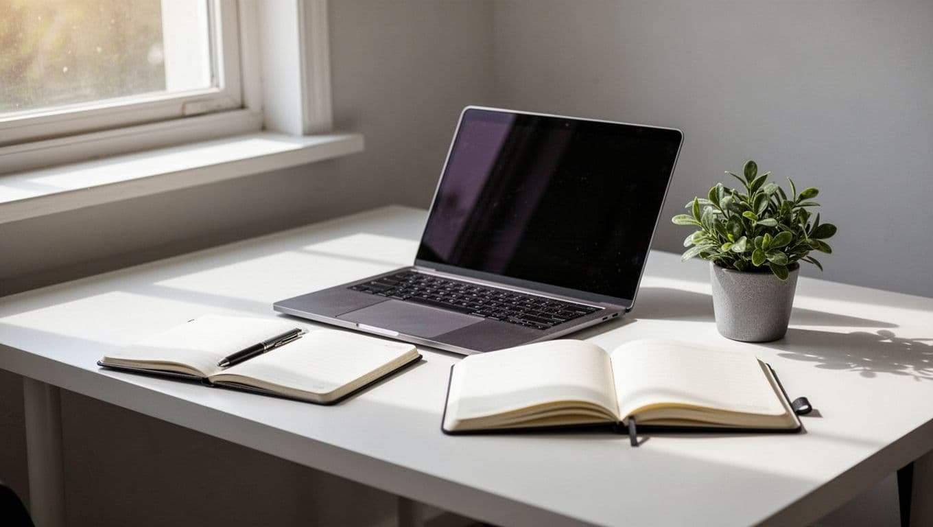 A laptop and notebook on a tidy desk illuminated by soft natural window light.