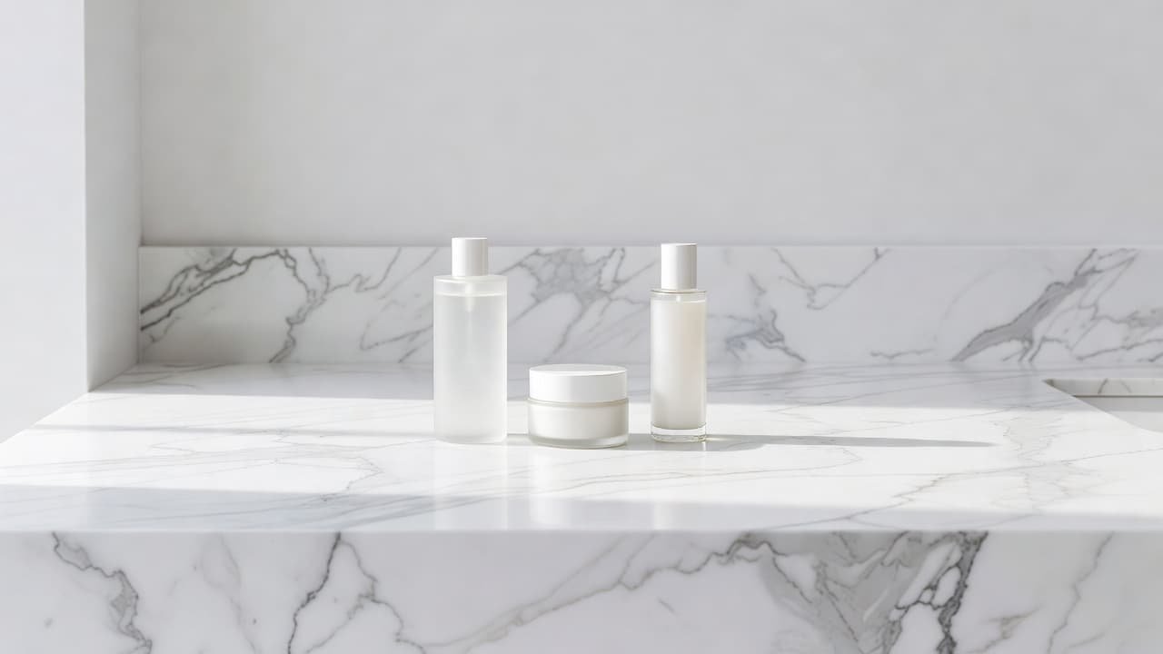 A cleanser, moisturizer, and sunscreen placed on a bright marble countertop in the morning sun.