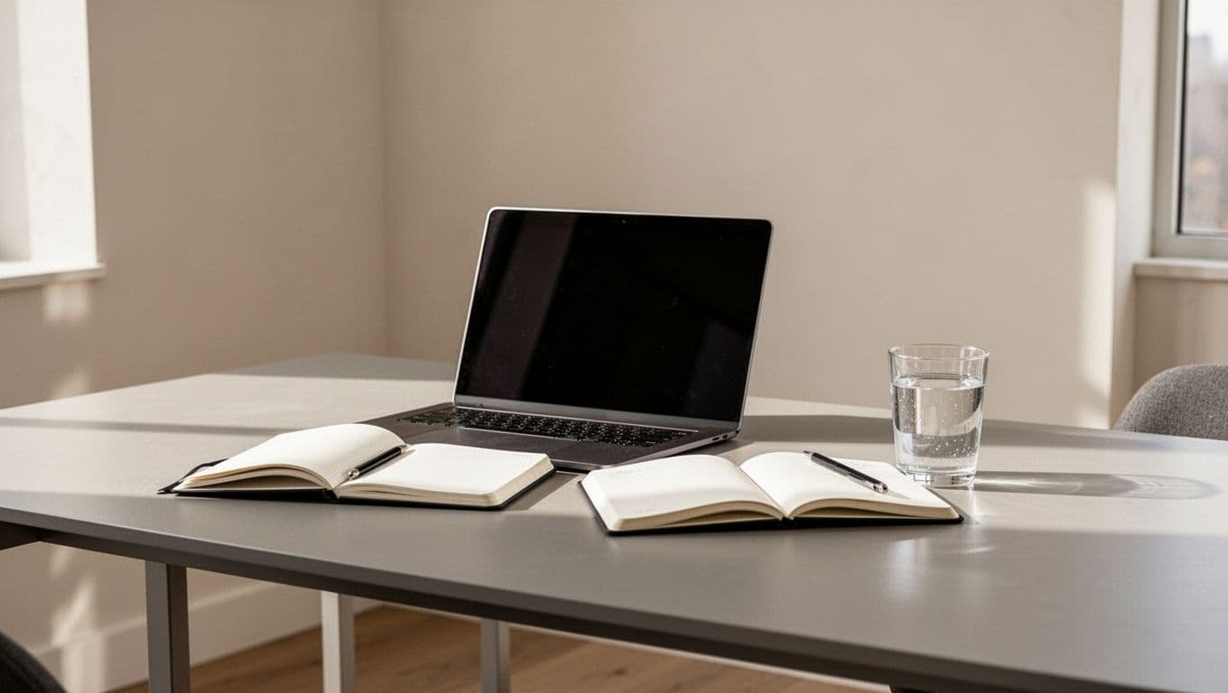 A clean desk with a laptop, notebook, and water glass in a bright, organized workspace.