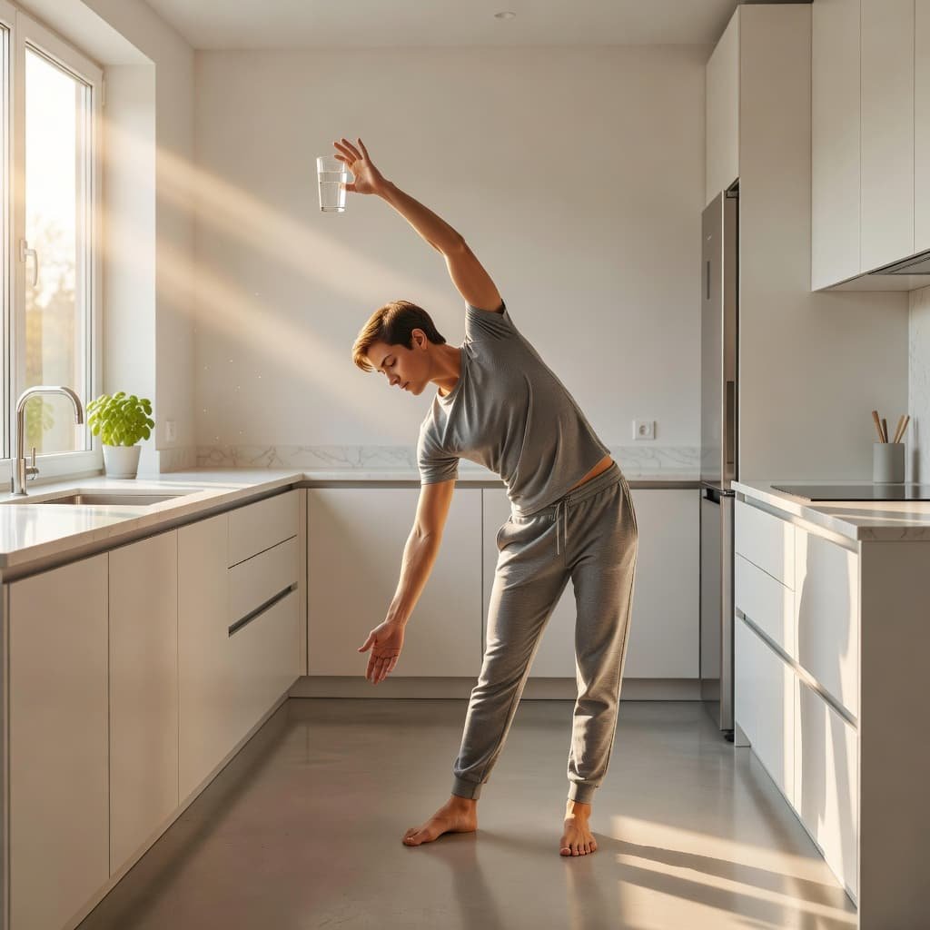 A person stands in a bright kitchen in the morning light holding a glass of water.