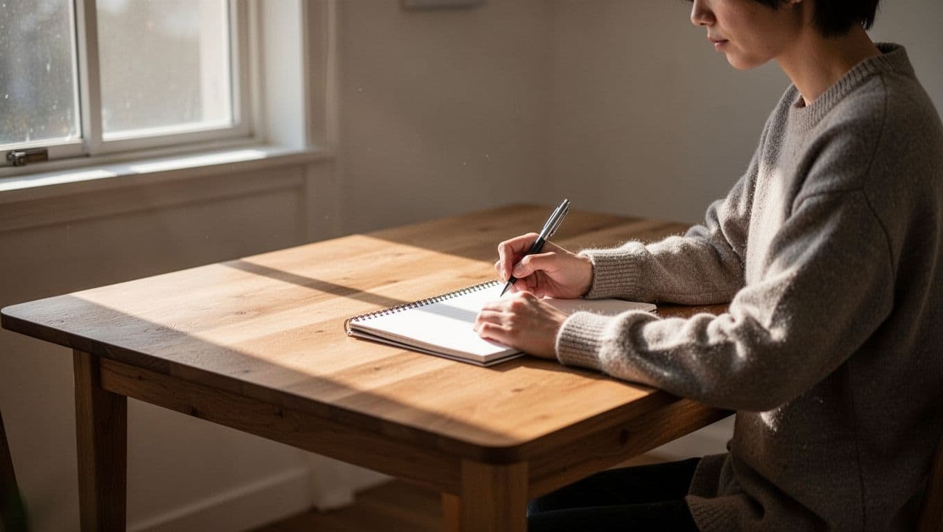 A focused person prepares to write in a notebook at a sunlit desk.