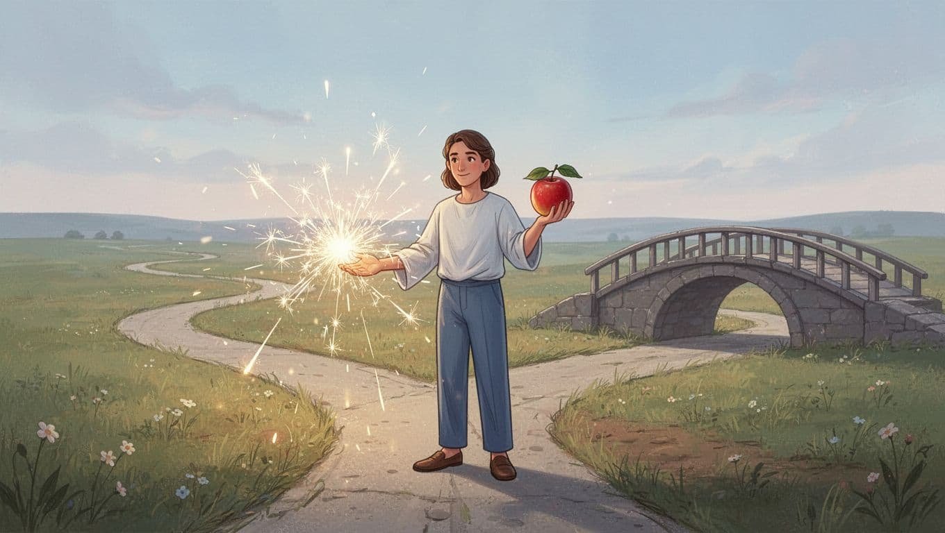 A conceptual illustration showing a bright spark, a strong bridge, and a person practicing restraint.