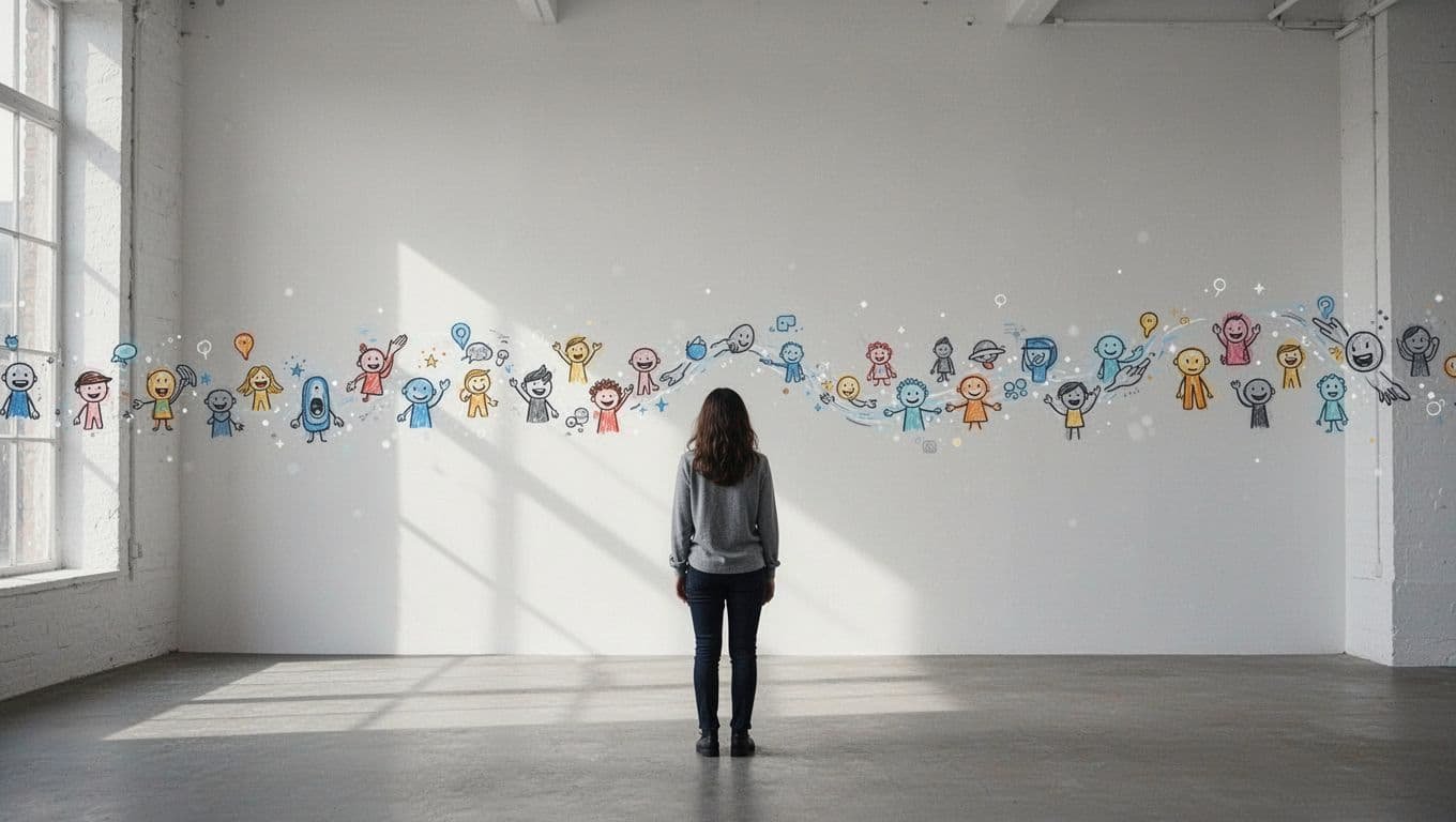 A person observing a row of abstract icons that illustrate social behavior patterns on a clean wall.