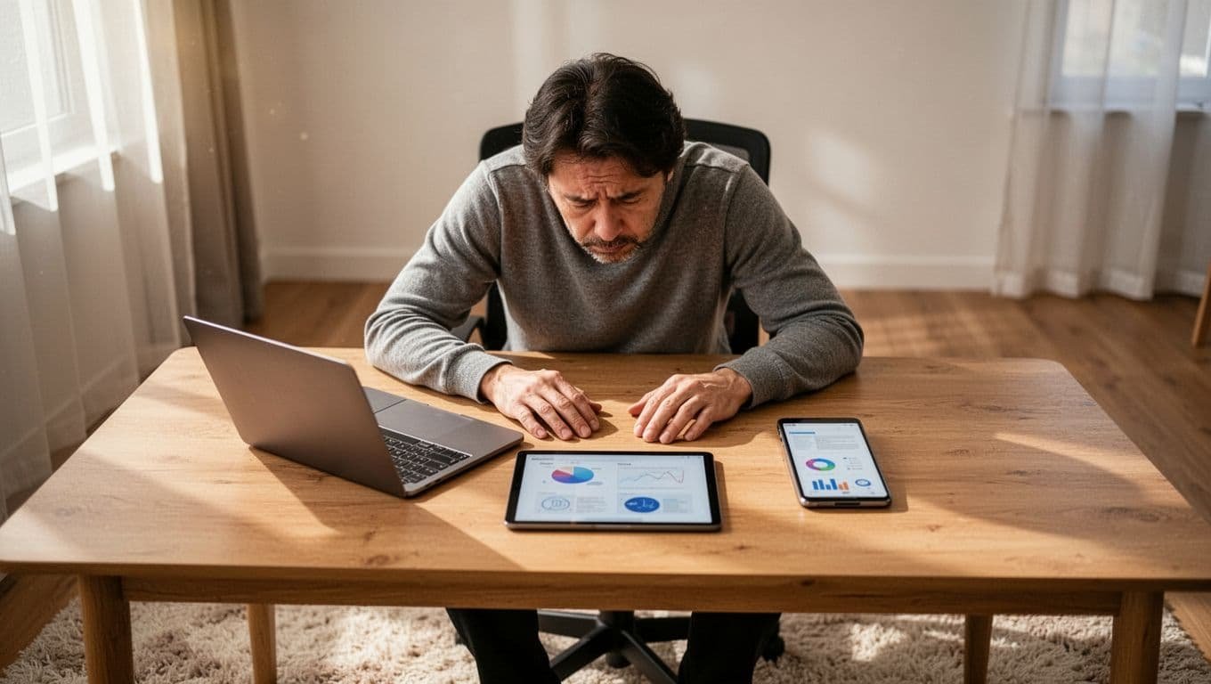 An exhausted person sits at a desk cluttered with a laptop, tablet, and phone.