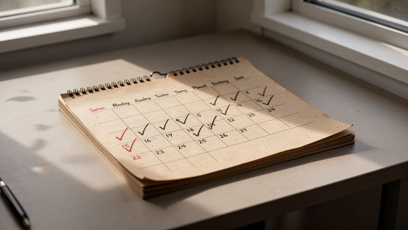 A close-up of a simple desk calendar with handwritten checkmarks marking daily progress.
