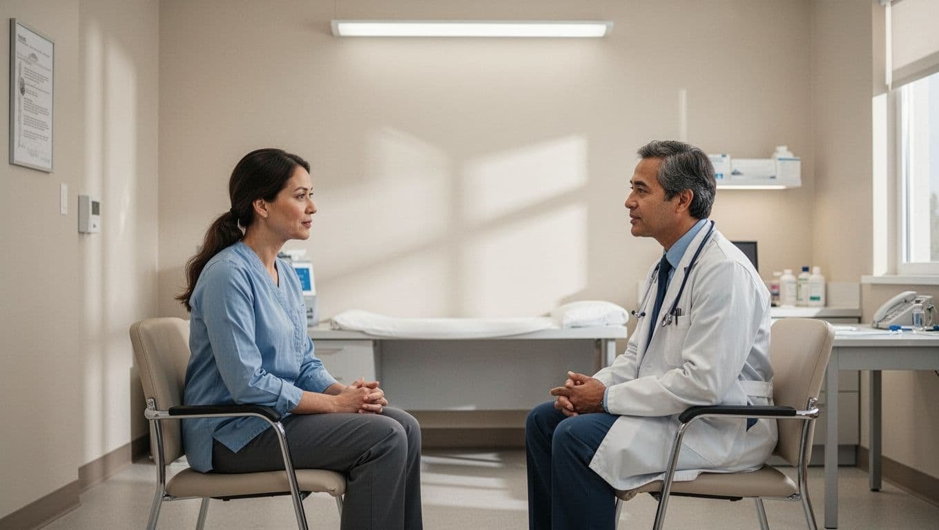 A doctor listens to a patient during a medical consultation in a bright office.