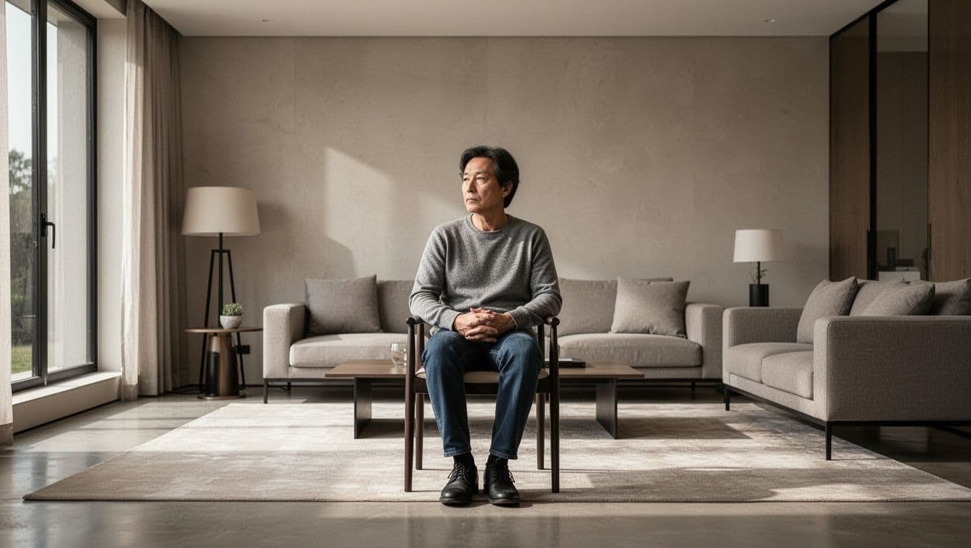 A solitary person sitting in a quiet, modern room looking pensive.
