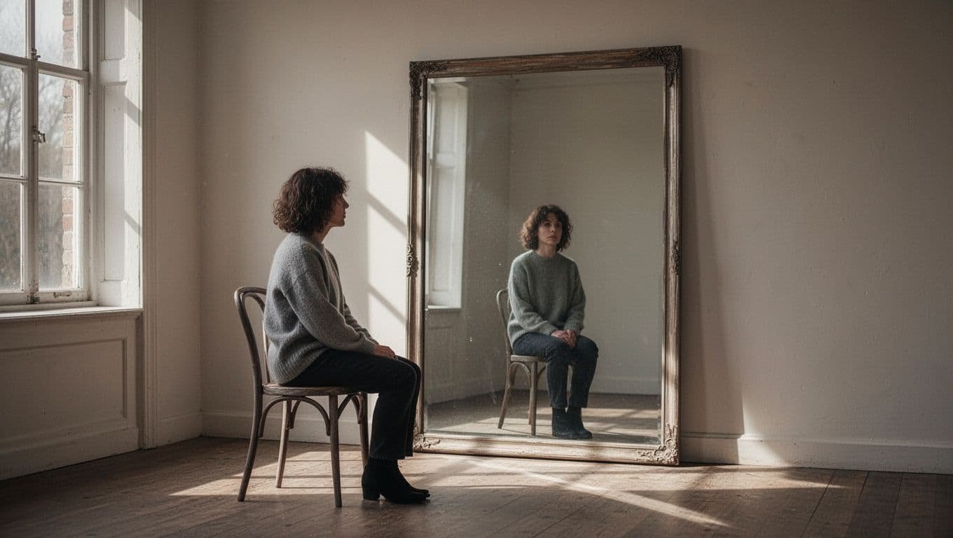 A solitary person looking into a large mirror while sitting in a bright room.