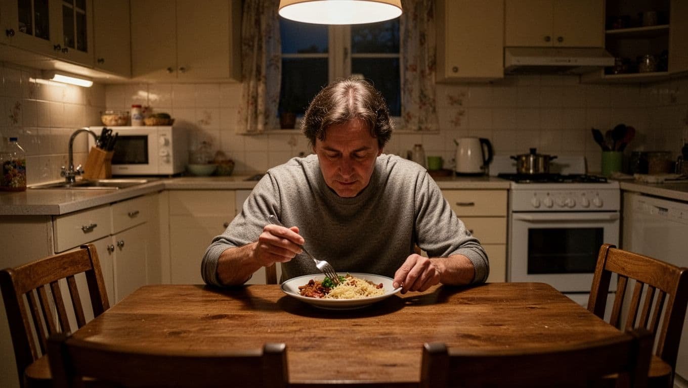 A solitary person eats a simple meal alone at a kitchen table in the evening.