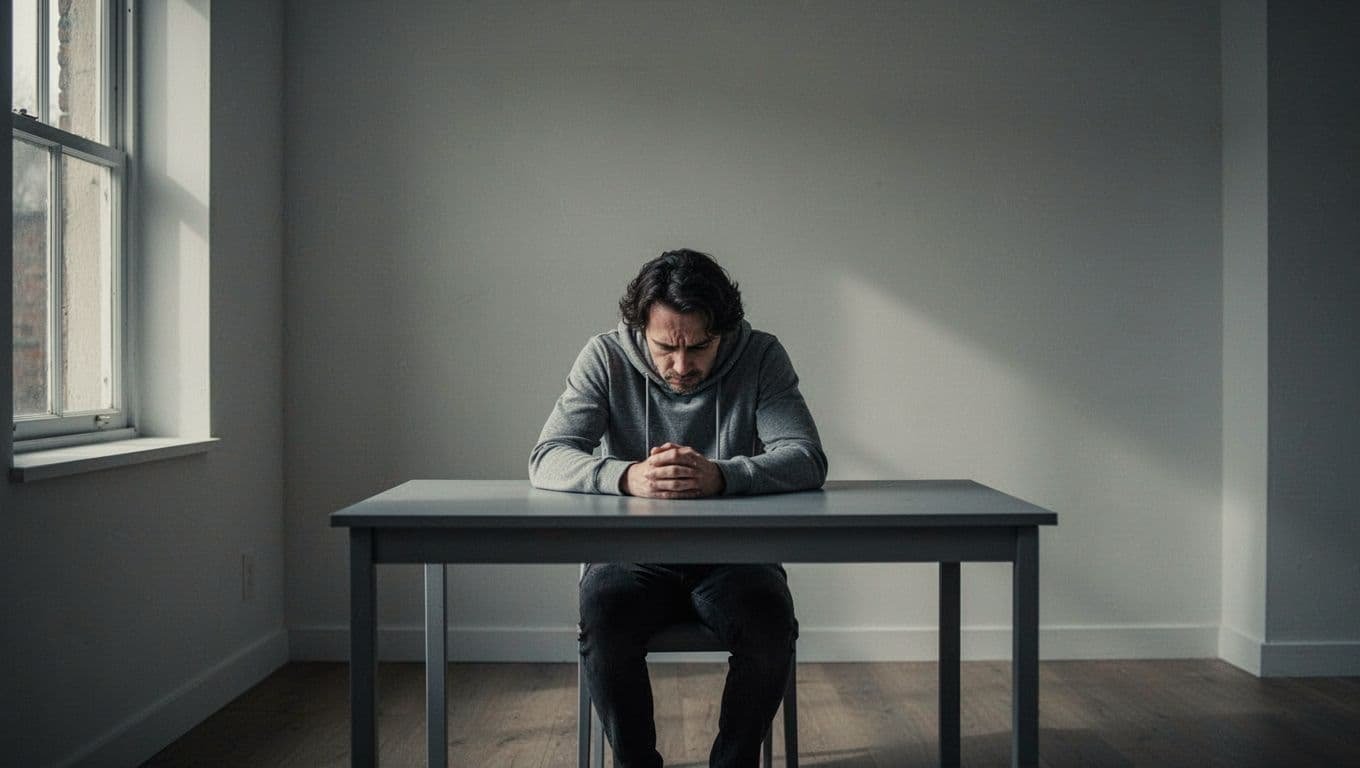 An exhausted person sitting alone at a sparse desk in a dark, quiet room.