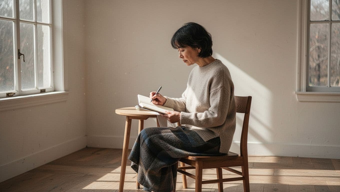 A calm individual writes in a journal inside a bright room.