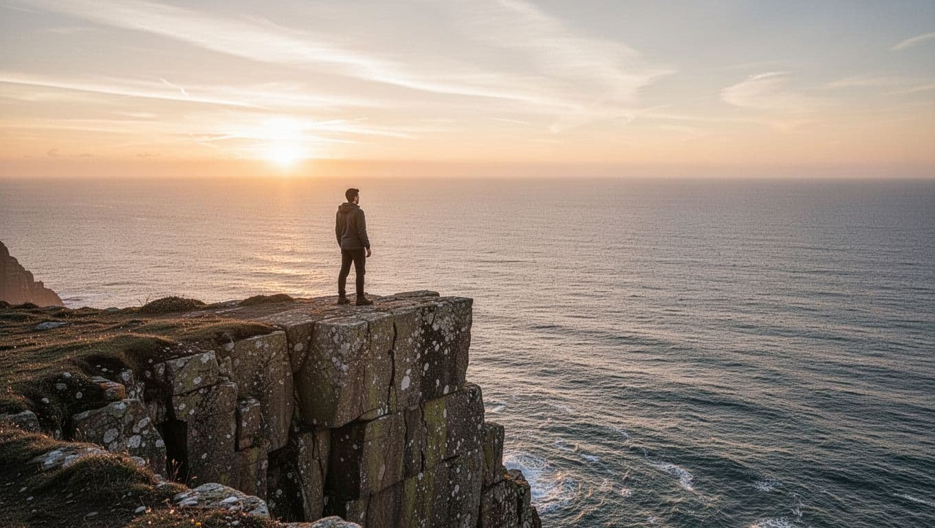 A solitary person looking out at the vast ocean from a rocky clifftop at sunrise.