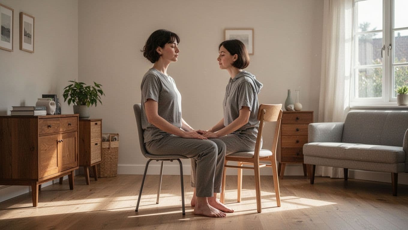 A person sitting in a quiet, sunlit room while practicing deep breathing exercises.