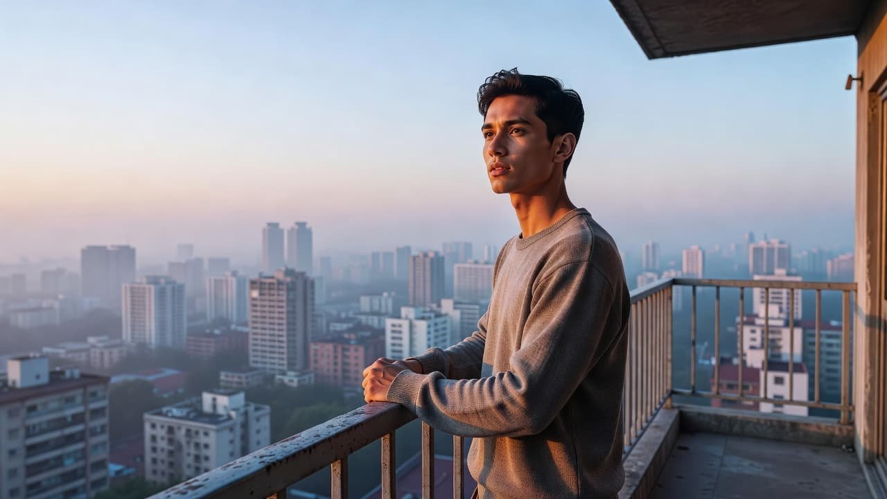 A lone individual stands on a quiet urban balcony as dawn light hits their face. In the background, city buildings are softly outlined by the emerging sun, highlighting a reflective mood.