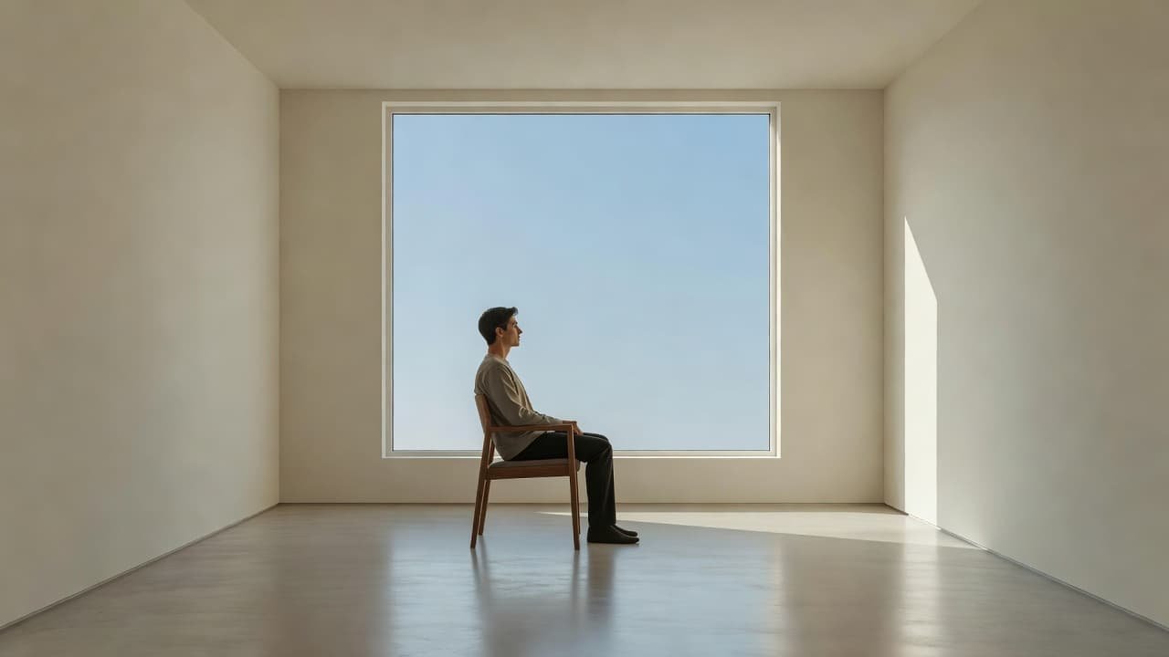 A lone individual sits quietly on a chair within a stark, minimalist space bathed in warm natural light. They gaze out a large window toward an expansive, clear blue sky.