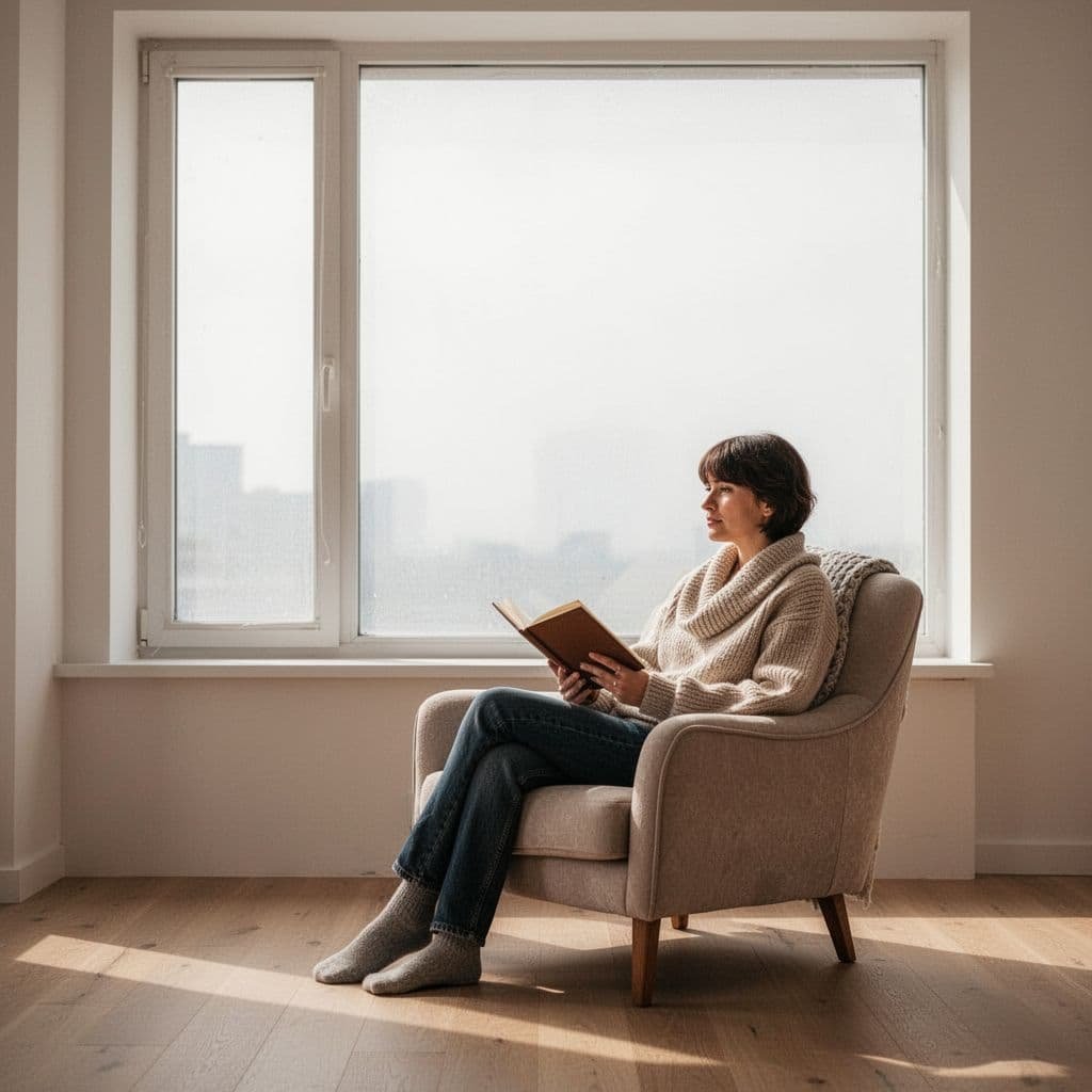 A person sits in a chair by a window holding a notebook in a quiet, sunlit room.