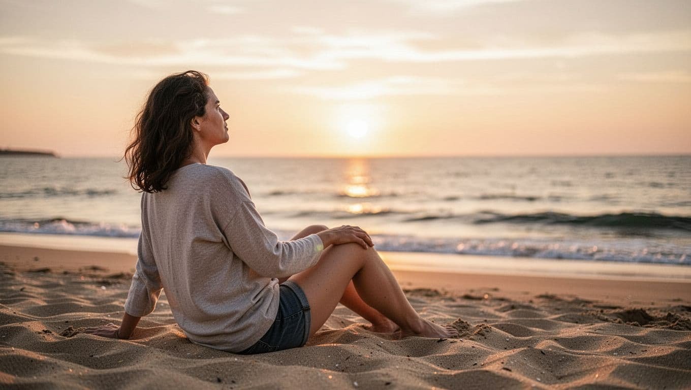 A solitary person relaxes on a sandy beach while watching the sun set over the ocean.