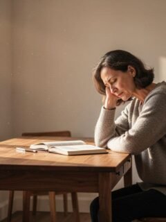 A person sits alone at a wooden desk with their head in their hand during the quiet morning.